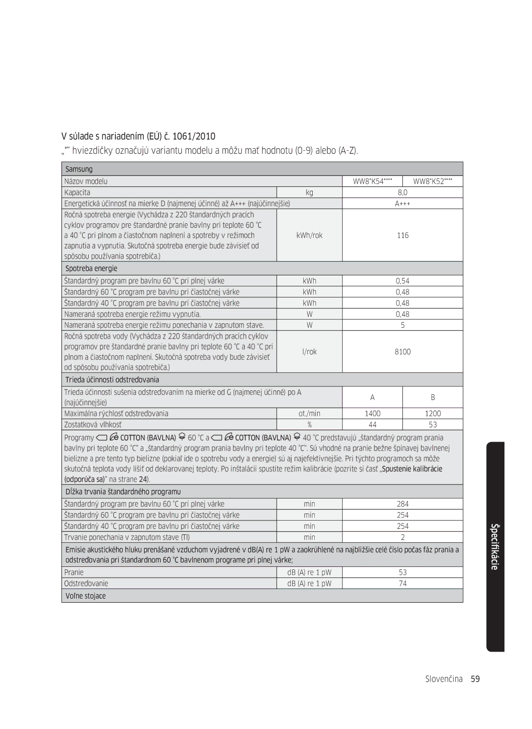 Samsung WW70K5210UX/LE, WW80K5410UW/EO, WW80K5410UW/LV, WW80K5210UW/LE, WW90K5410WW/LE, WW70K5410UW/LE manual Slovenčina 59  